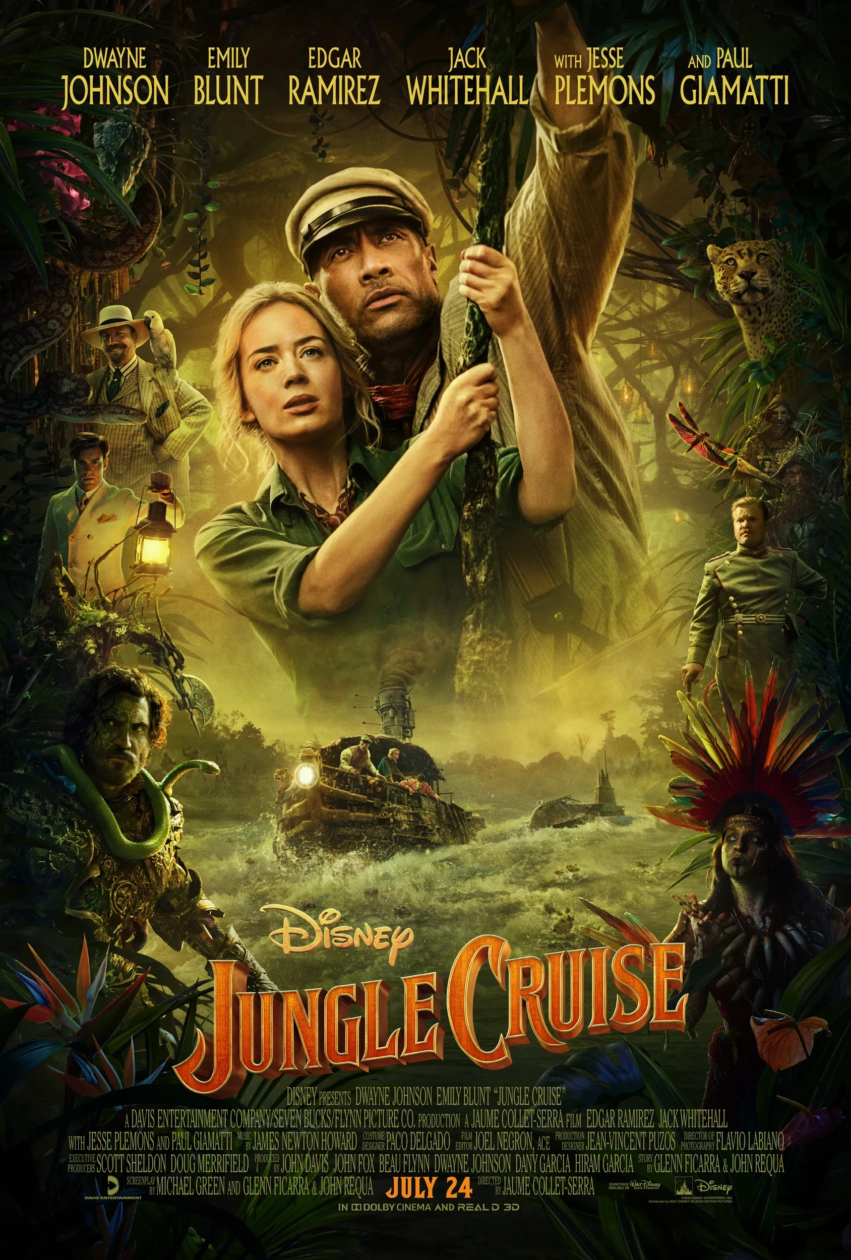 Paul Giamatti, Dwayne Johnson, Jesse Plemons, Edgar Ramírez, Emily Blunt, Jack Whitehall, and Sulem Calderon in Jungle Cruise (2021)