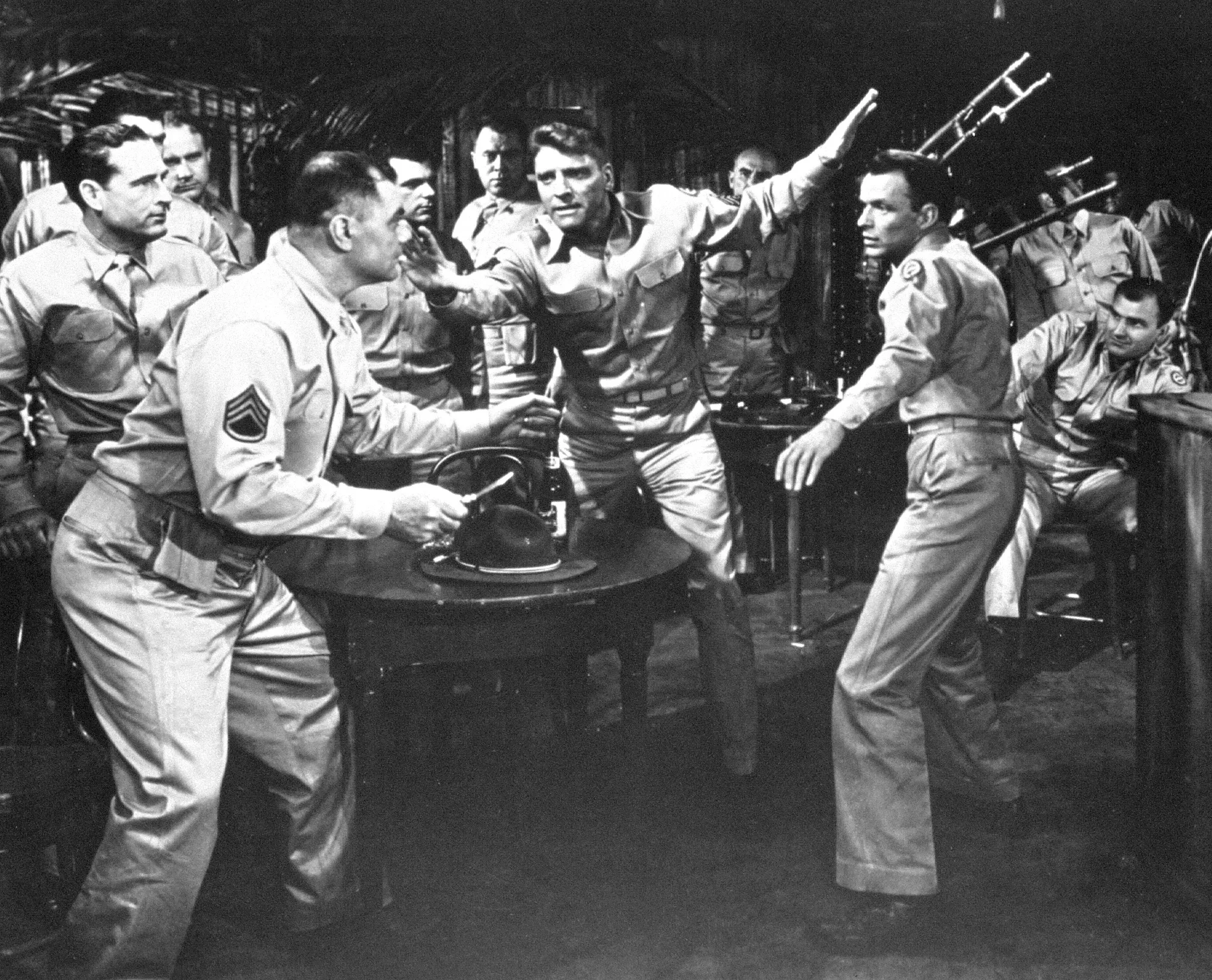 Burt Lancaster, Frank Sinatra, Ernest Borgnine, Mickey Shaughnessy, and Jack Warden in From Here to Eternity (1953)