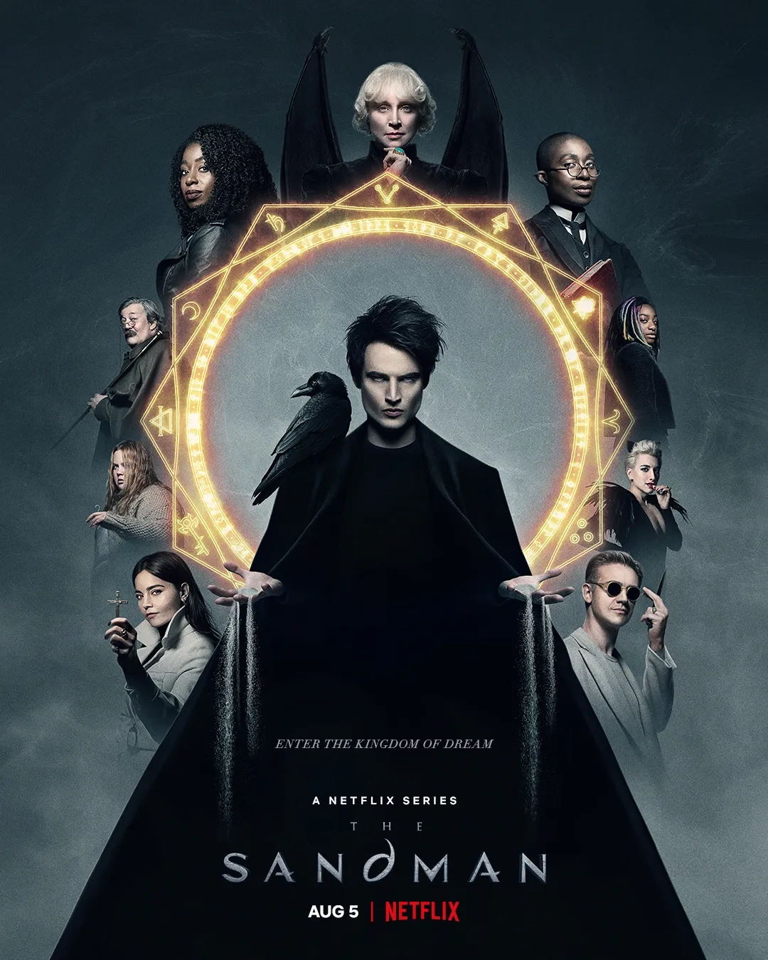 Stephen Fry, Tom Sturridge, Vanesu Samunyai, Jenna Coleman, Boyd Holbrook, Donna Preston, Gwendoline Christie, Mason Alexander Park, Kirby, and Vivienne Acheampong in The Sandman (2022)