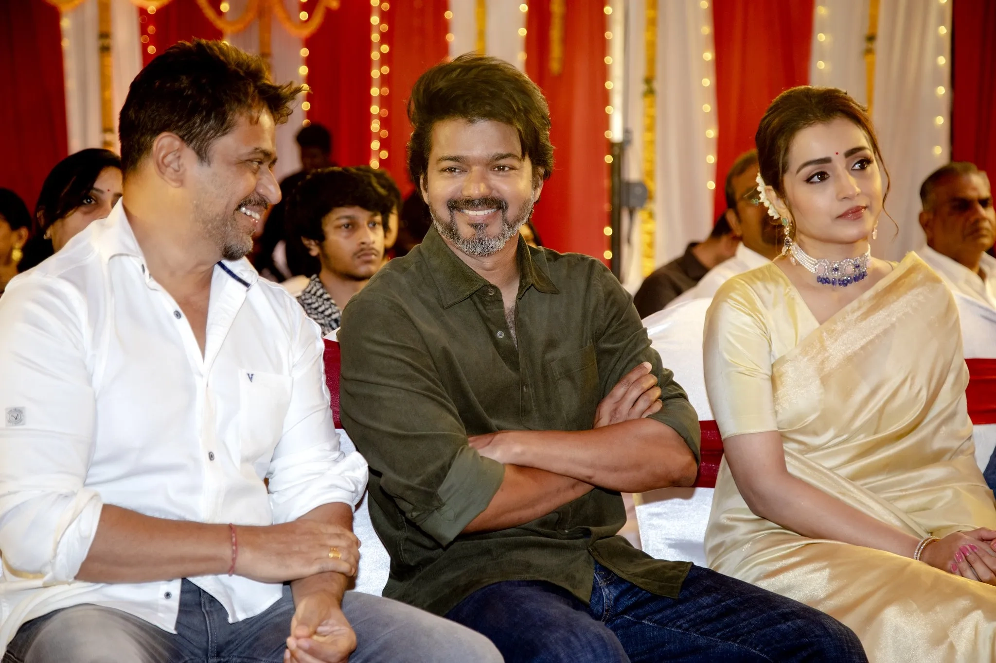 Arjun Sarja, Joseph Vijay, and Trisha Krishnan at an event for Leo (2023)