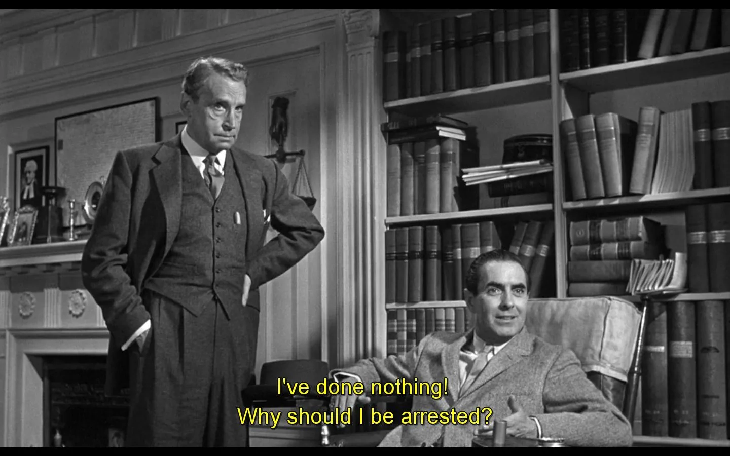 Tyrone Power and Henry Daniell in Witness for the Prosecution (1957)