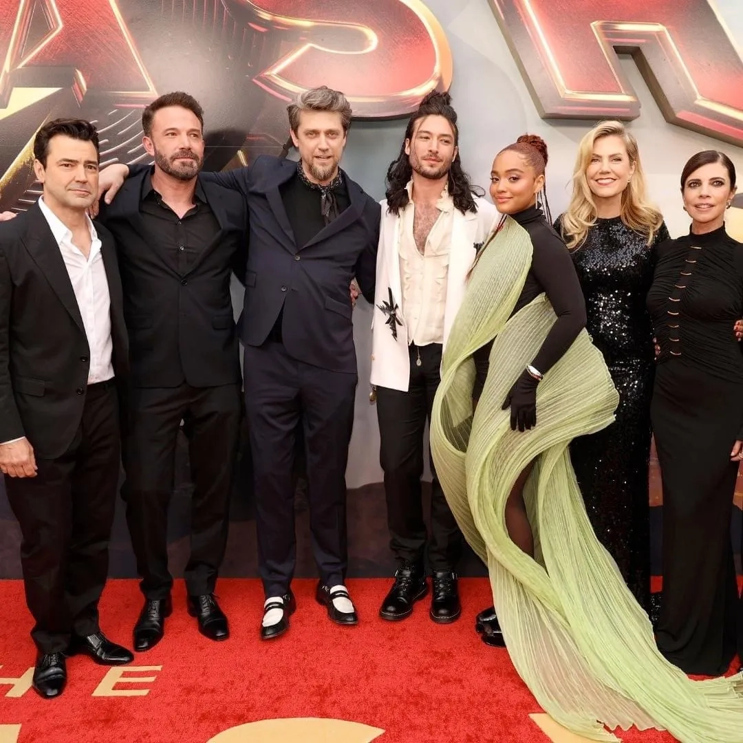 Ben Affleck, Ron Livingston, Andy Muschietti, Maribel Verdú, Barbara Muschietti, Ezra Miller, and Kiersey Clemons at an event for The Flash (2023)